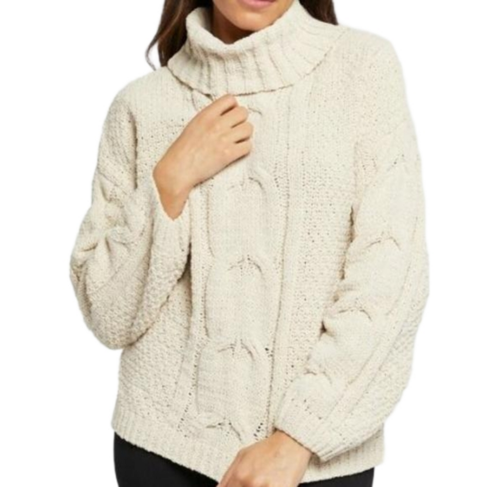 Seven7 Cable Knit Cowl Neck Sweater Cream-Size Large